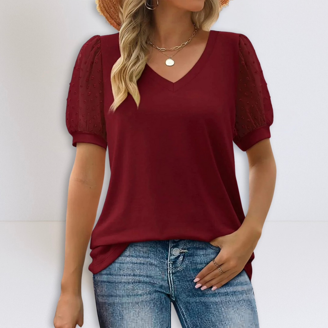 Linda | Sheer Sleeve V-Neck Top