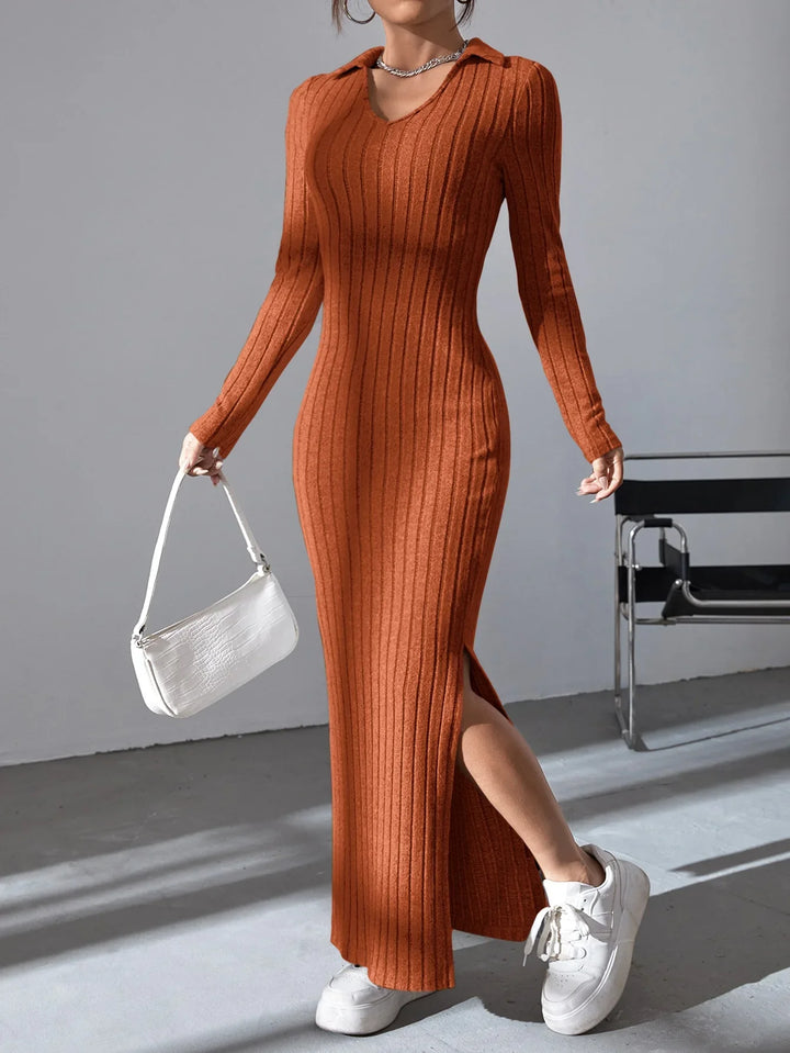 1+1 FREE | Maya - Ribbed Knit Split Dress
