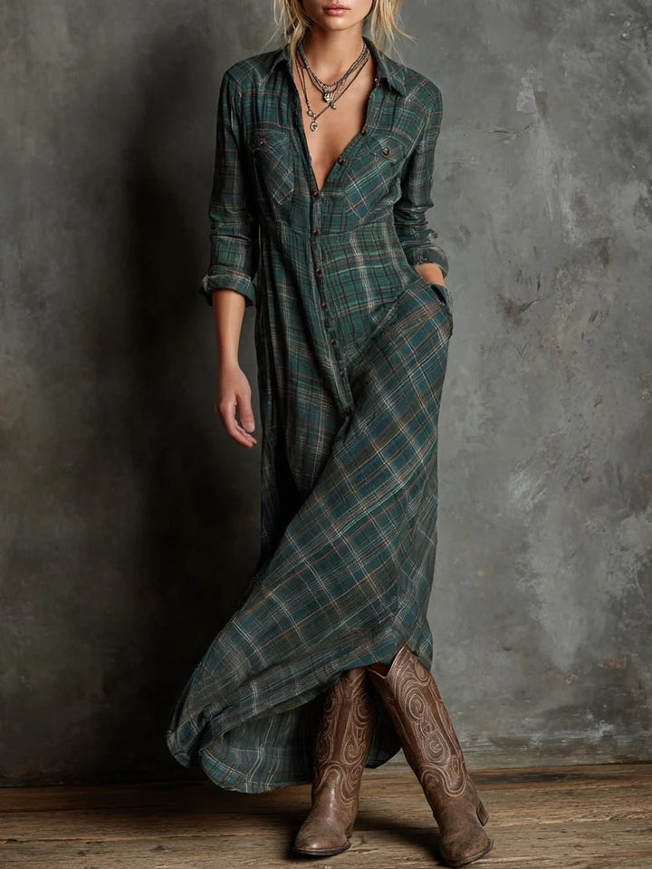 Amélie | Long Plaid-Collar Dress – Effortless Grace in Every Step